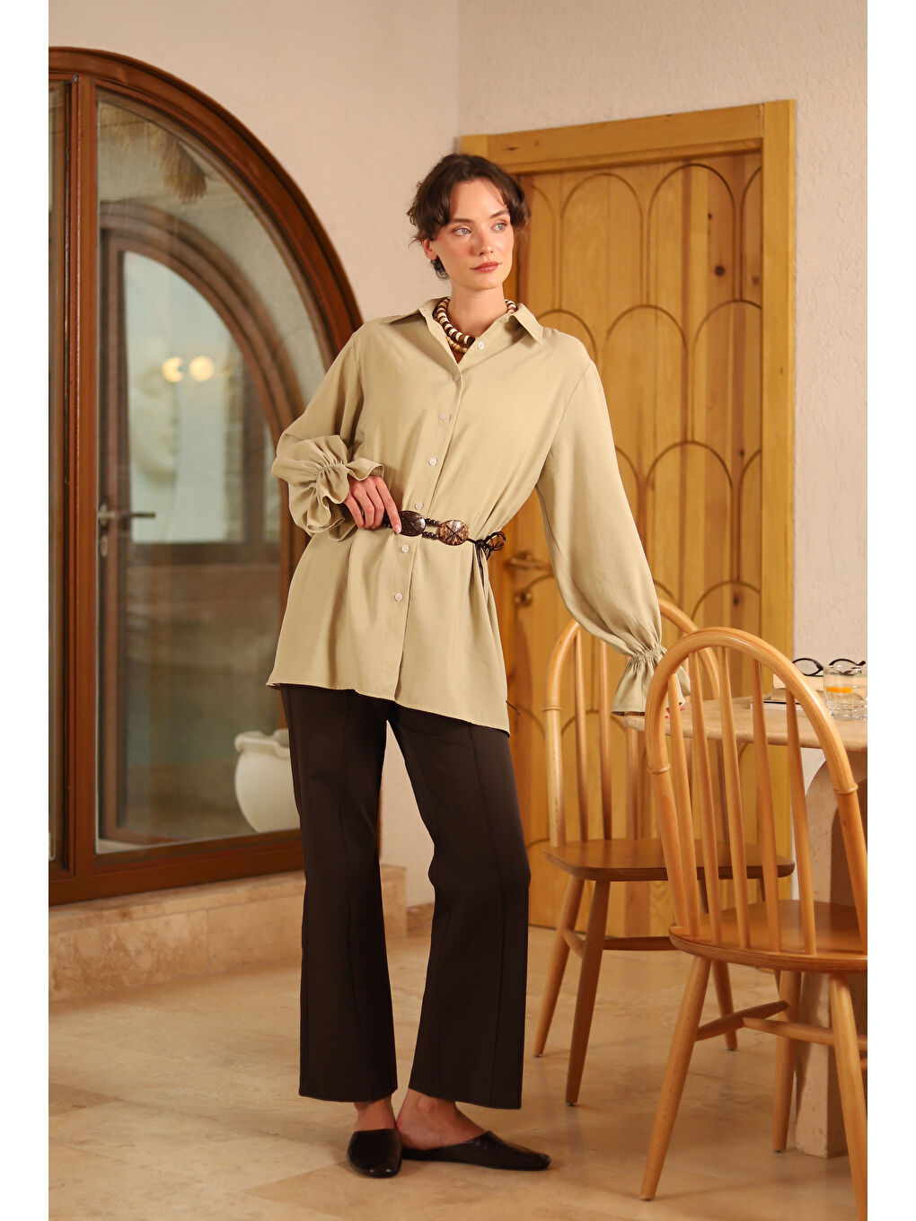 Yeşil Kolu Gipeli Modal Gömlek Adaçayı-2