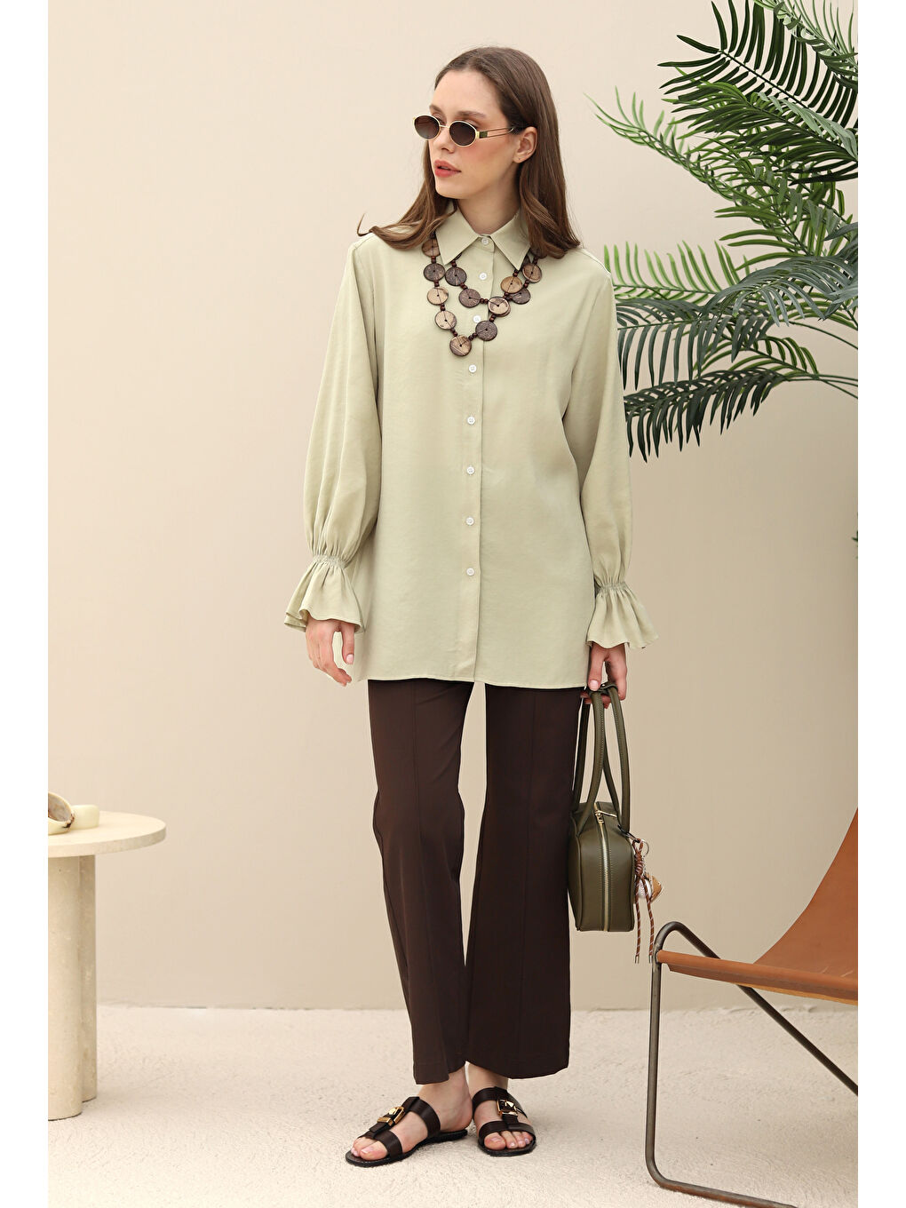 Yeşil Kolu Gipeli Modal Gömlek Adaçayı-3