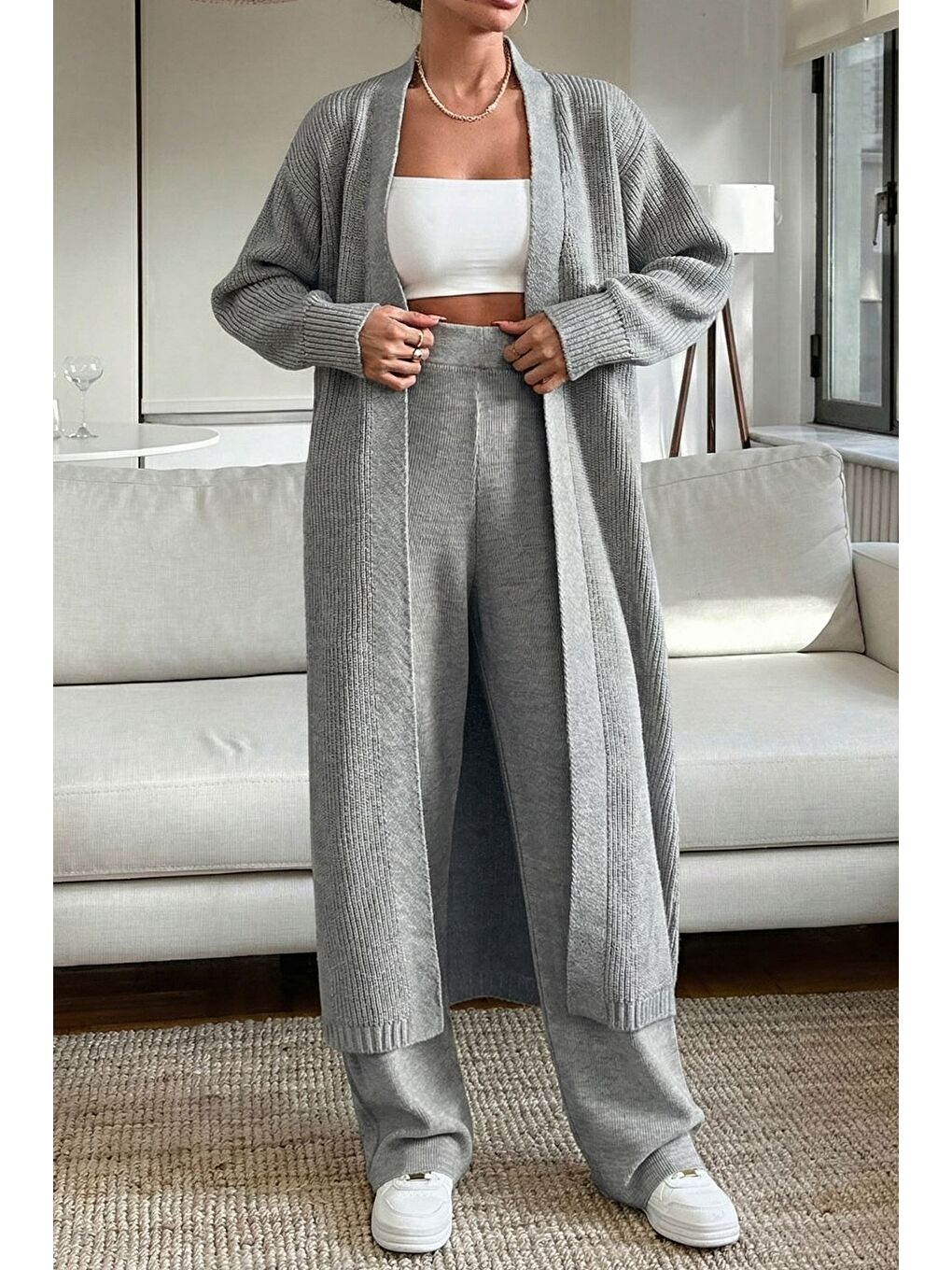 Gri Kadın Bel Lastikli Triko Pantolon Uzun Hırka İkili Takım-3