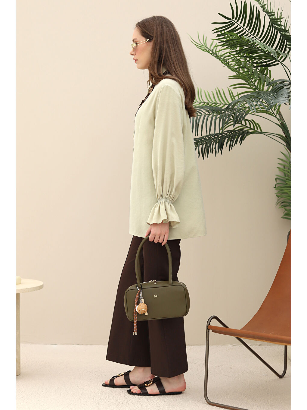 Yeşil Kolu Gipeli Modal Gömlek Adaçayı-4