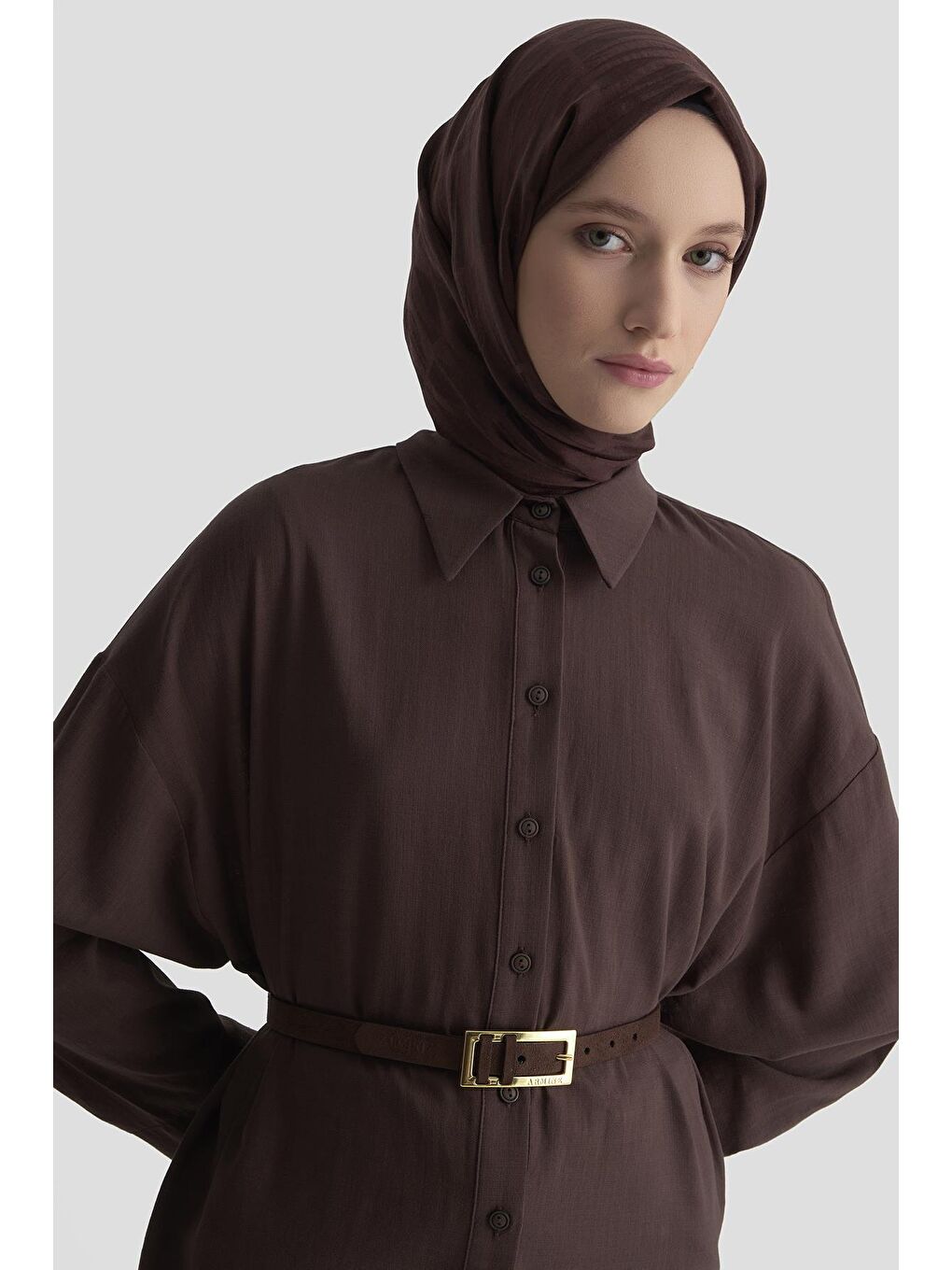 Düğme Detaylı Gömlek 25Kd1108 Kahverengi-1
