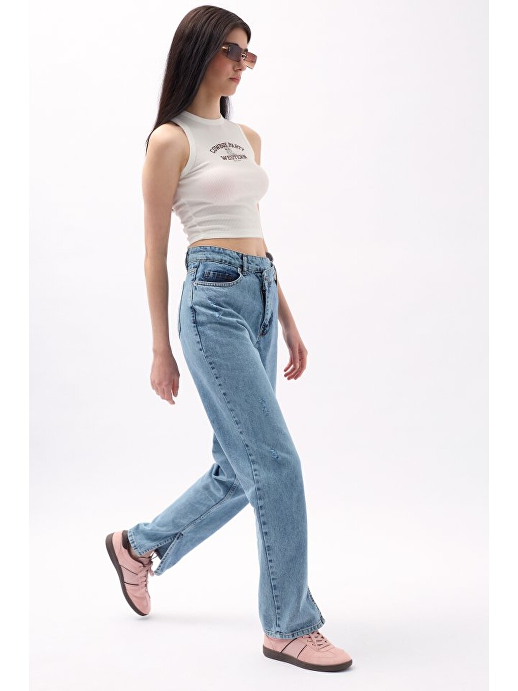 Mavi Asimetrik Bel Paça Yırtmaçlı Jean-1