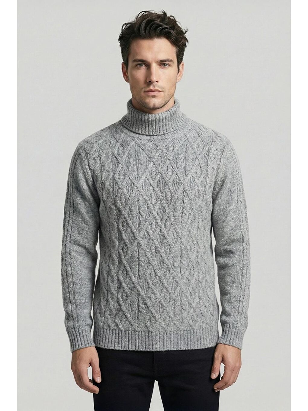 Gri Regular Fit Yünlü Desenli Tam Balıkçı Yaka Triko Kazak