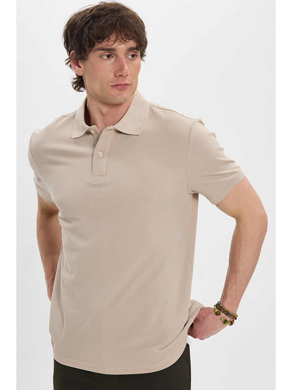 Erkek Regular Fit Klasik Kesim %100 Pamuk Düz Pike Bej Polo Yaka Tişört-5
