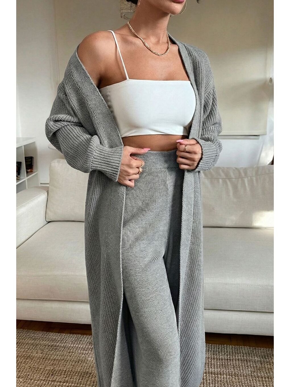 Gri Kadın Bel Lastikli Triko Pantolon Uzun Hırka İkili Takım-4