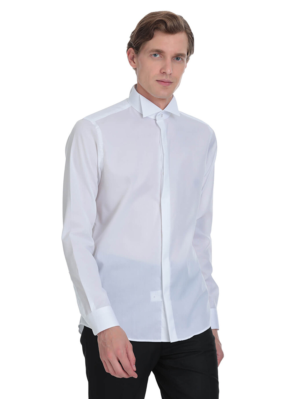 Beyaz Comfort Fit Ata Yaka 100% Pamuk Uzun Kollu Damatlık Gömlek-2
