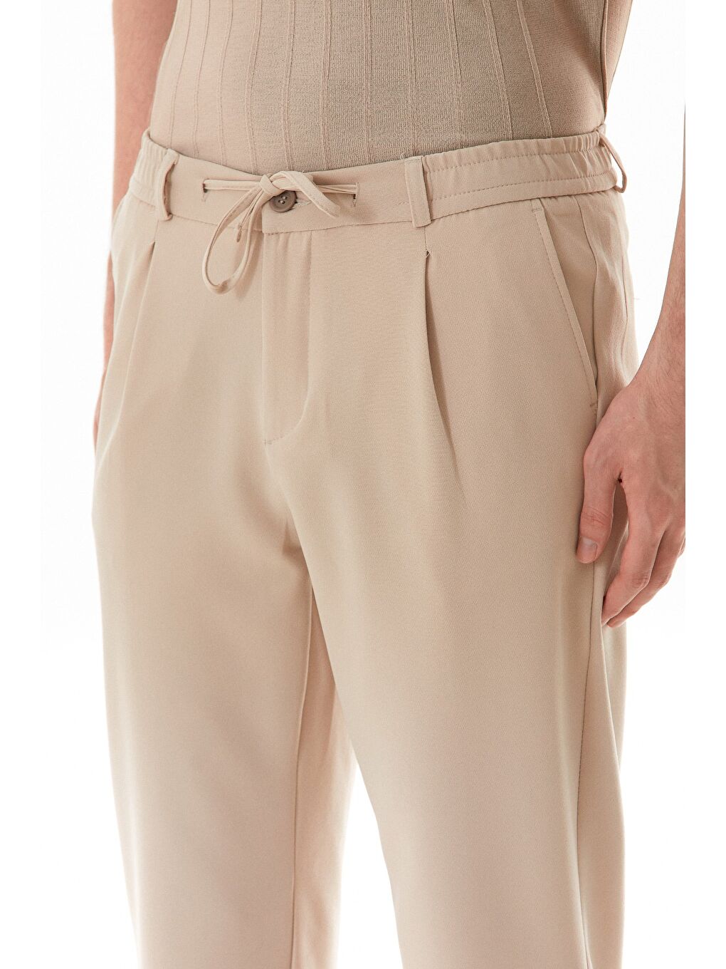 Bej Beli Lastikli Bağlamalı Regular Fit Erkek Pantolon-3