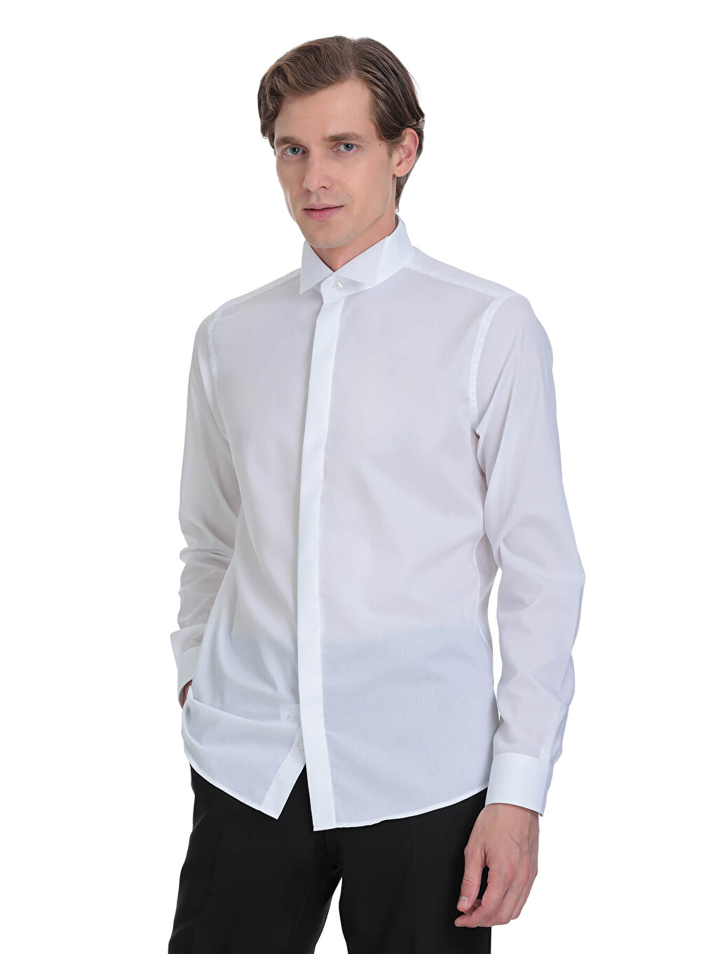 Beyaz Comfort Fit Ata Yaka 100% Pamuk Uzun Kollu Damatlık Gömlek-3