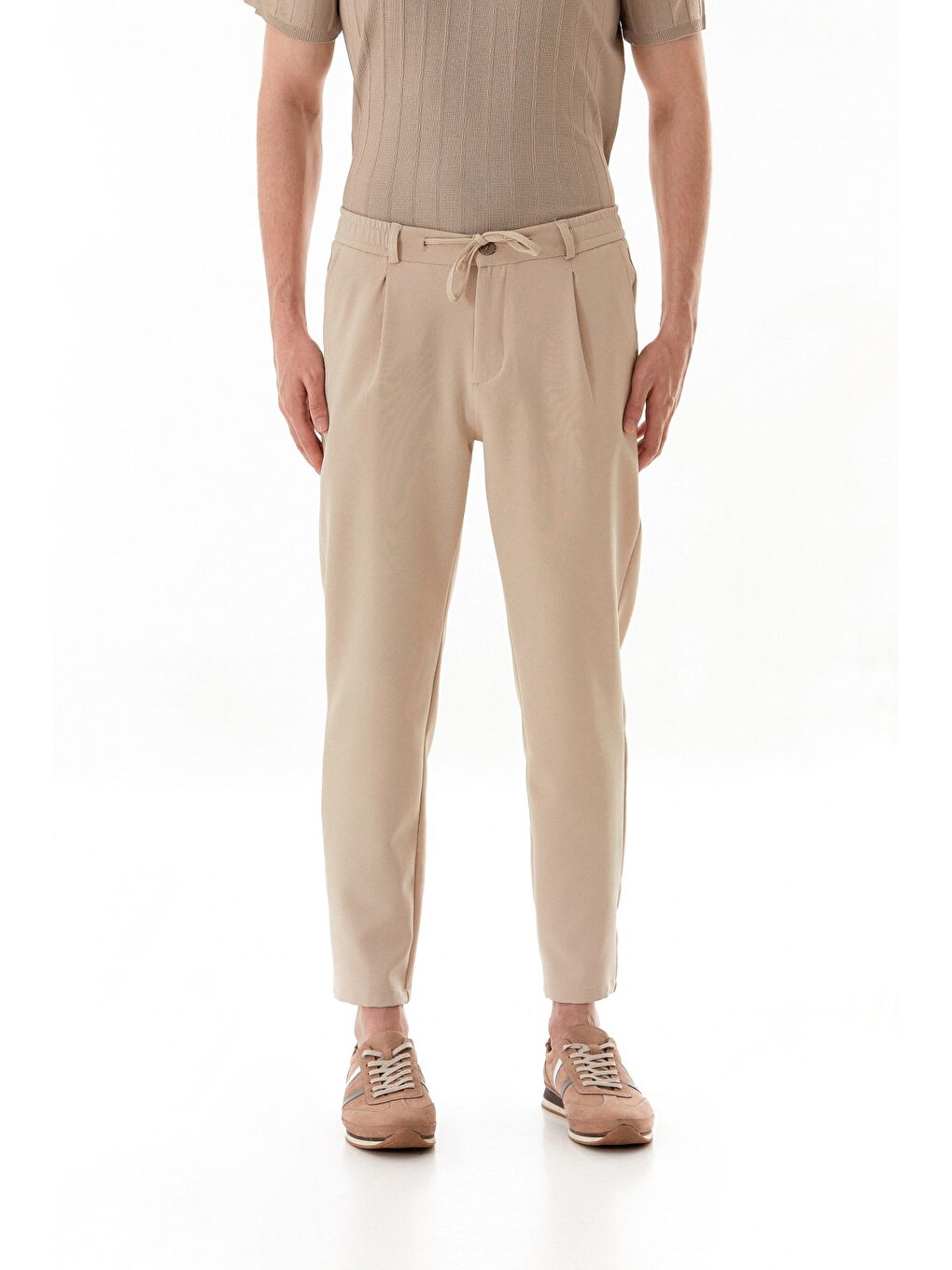 Bej Beli Lastikli Bağlamalı Regular Fit Erkek Pantolon-4