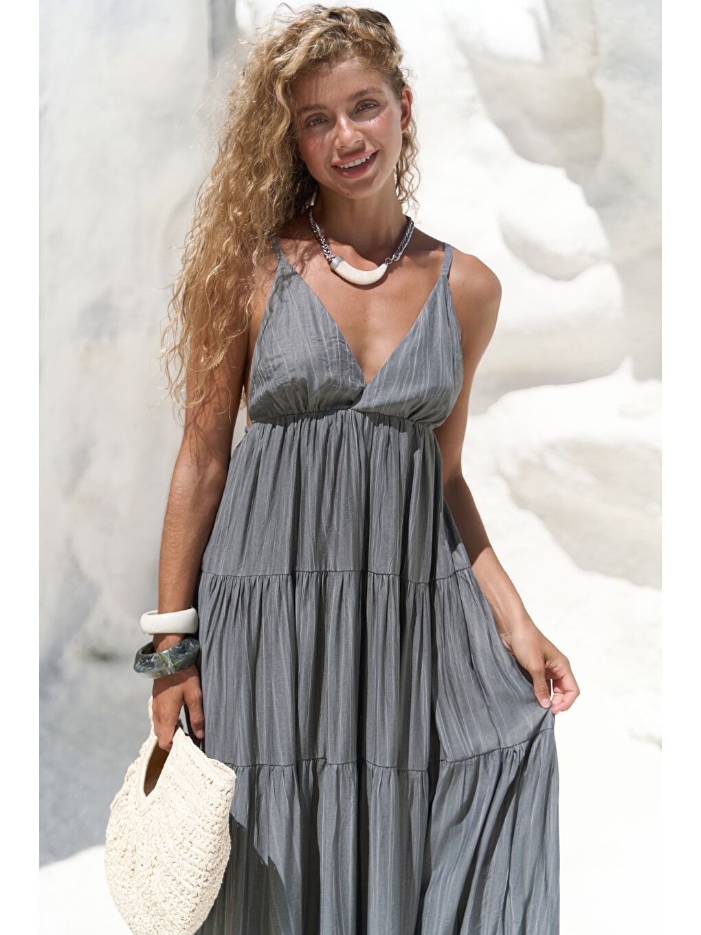 Siena Antrasit Askılı Uzun Elbise-4