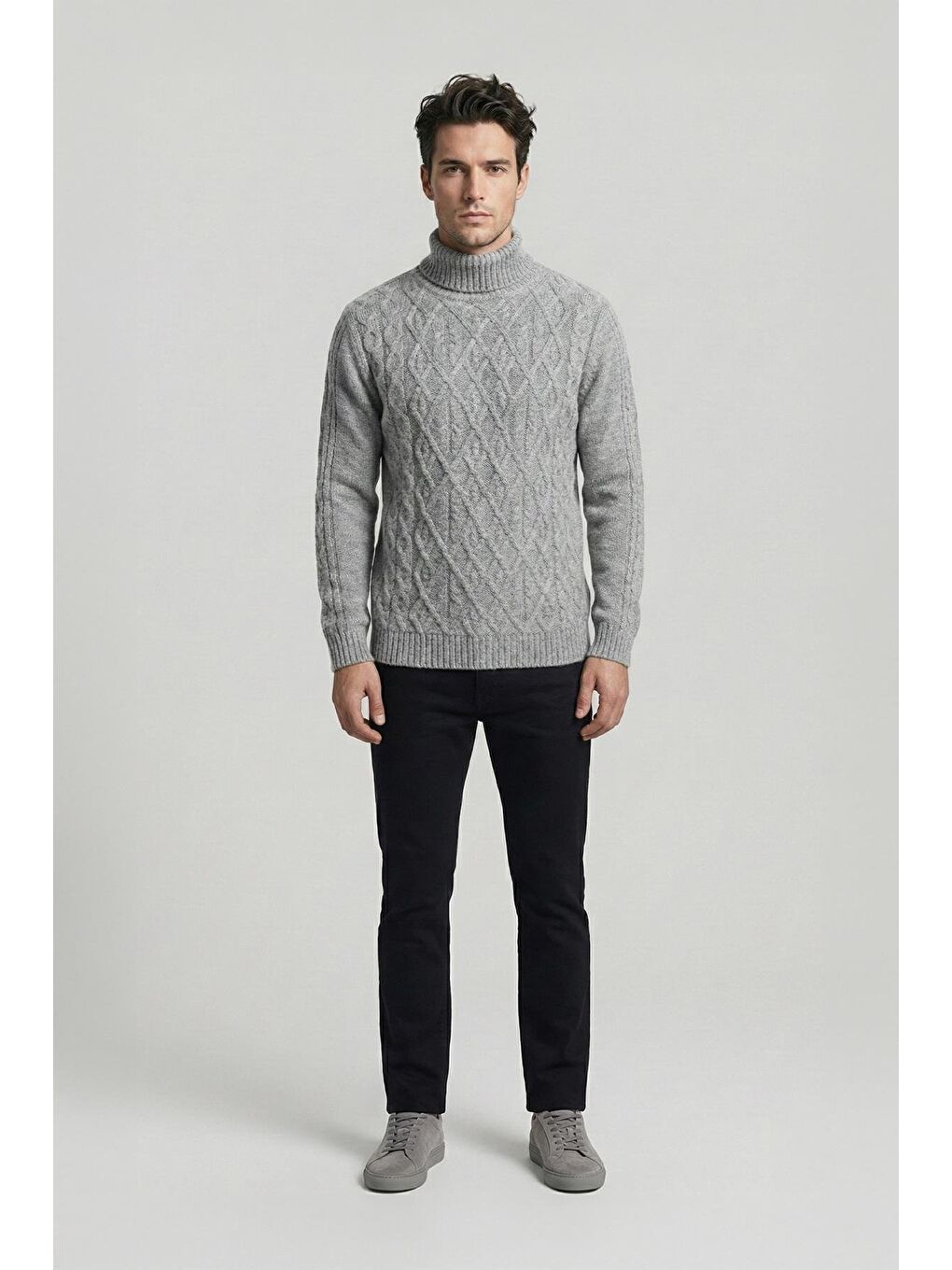 Gri Regular Fit Yünlü Desenli Tam Balıkçı Yaka Triko Kazak-1