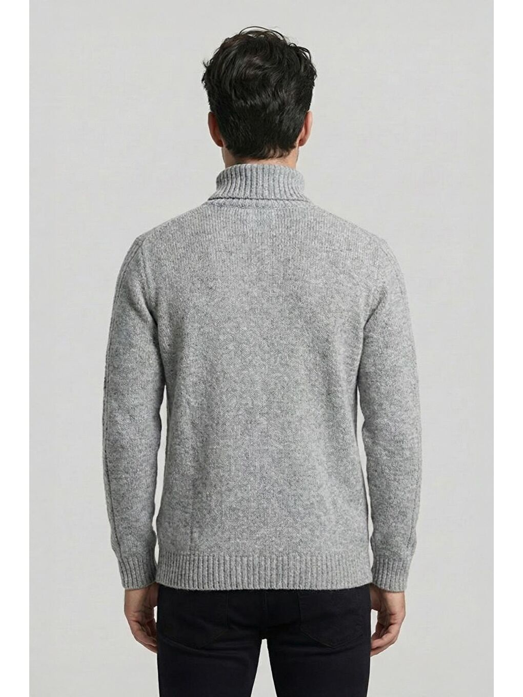 Gri Regular Fit Yünlü Desenli Tam Balıkçı Yaka Triko Kazak-2