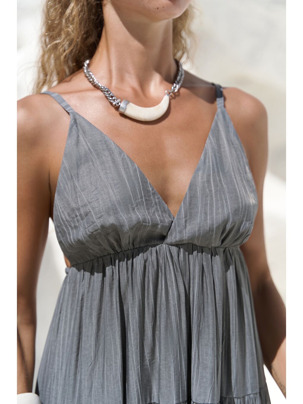 Siena Antrasit Askılı Uzun Elbise-6