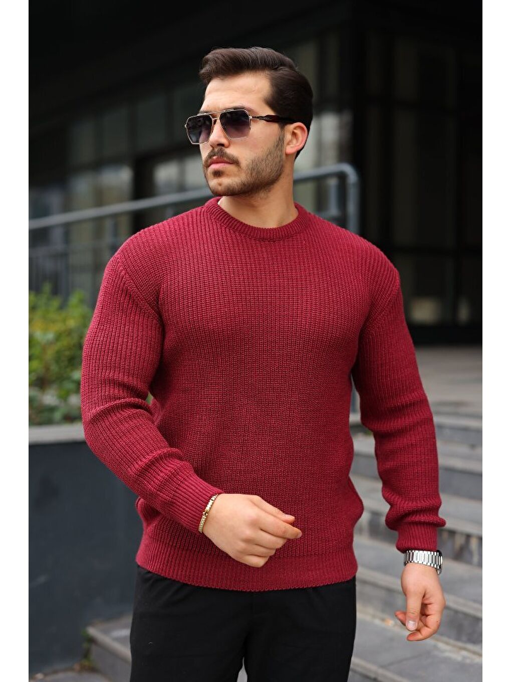 Bordo Erkek Bisiklet Yaka Örme Kazak-2