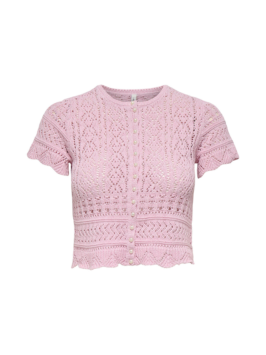Pembe Onlelke Pamuklu Cropped Fit İnci Süslemeli Bisiklet Yaka Kadın Triko 15363050-5