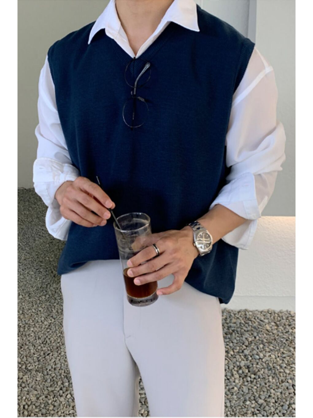 Erkek Lacivert V Yaka Oversize Süveter-1