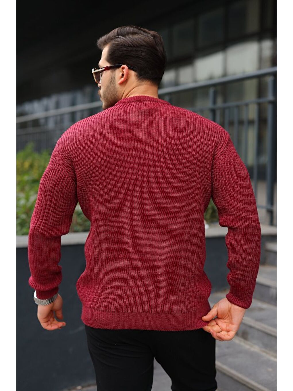 Bordo Erkek Bisiklet Yaka Örme Kazak-3