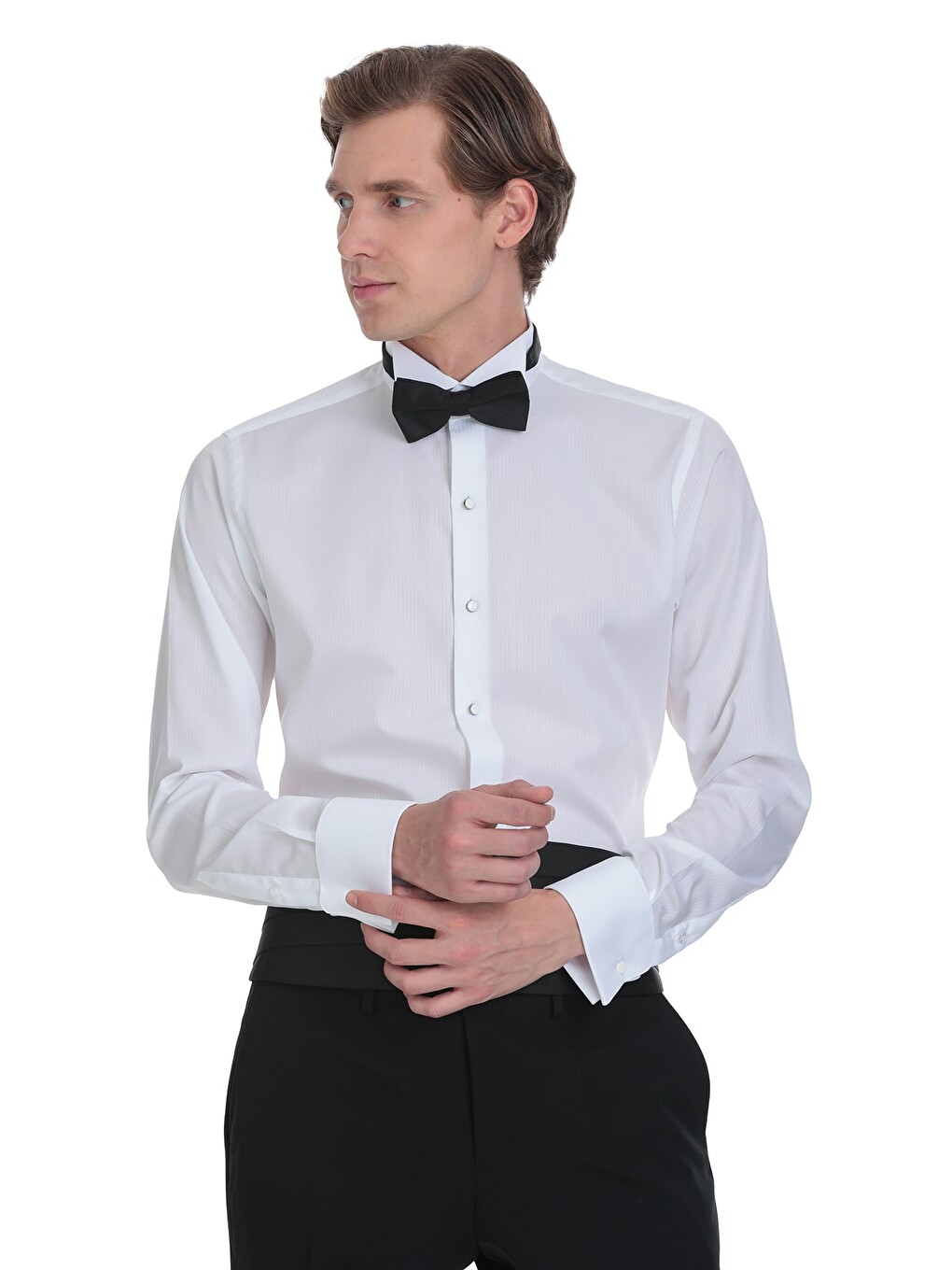 Beyaz Comfort Fit Ata Yaka 100% Pamuk Uzun Kollu Damatlık Gömlek-2
