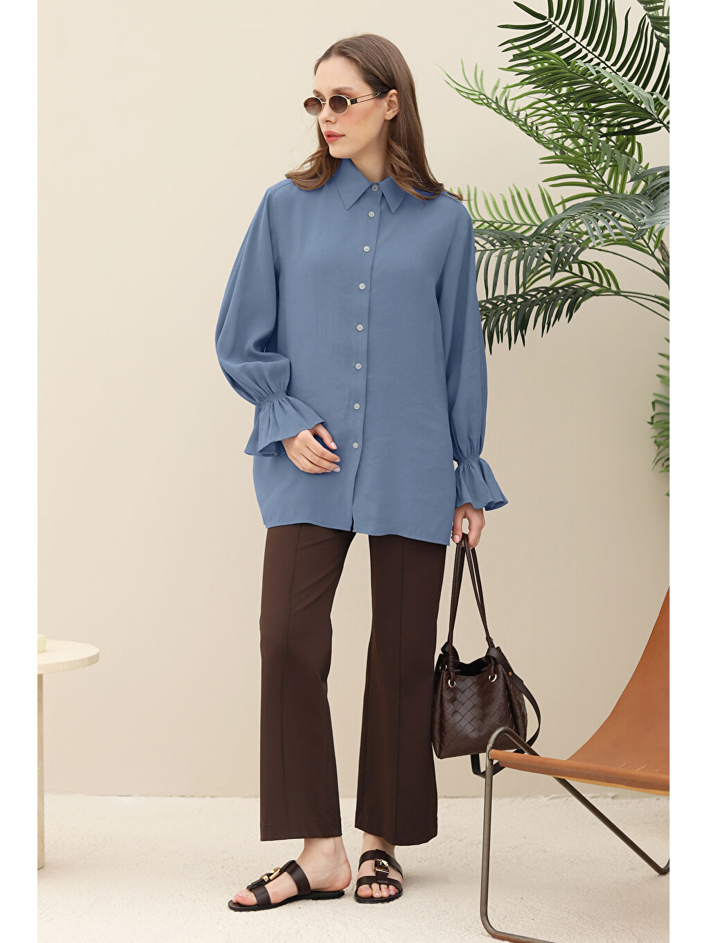 Lila Kolu Gipeli Modal Gömlek Lavanta Mavi