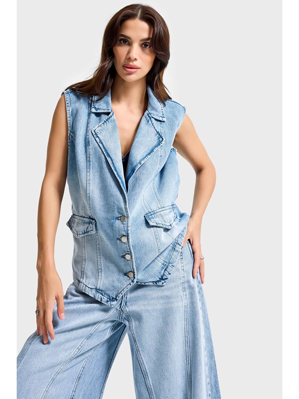 Mavi Kadın Ice Jean Rengi 4s6-27 Önü Düğmeli Yakalı Sıfır Kol Maxi Boy Denim Yelek-3