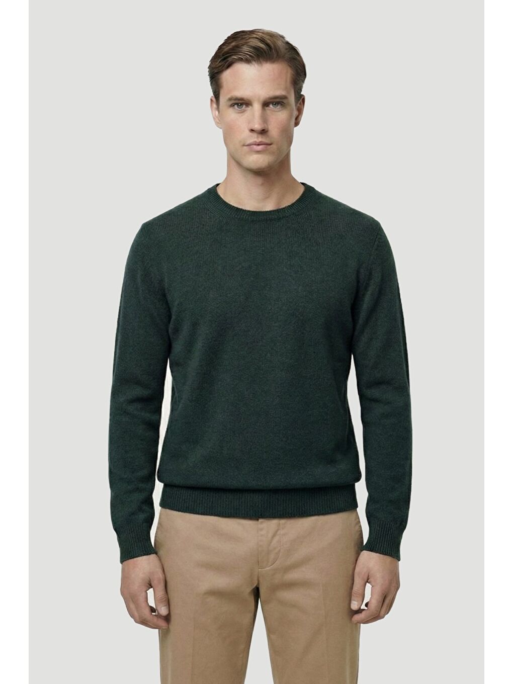 Yeşil Nefti Standart Fit Yün Karışımlı Bisiklet Yaka Düz Erkek Triko Kazak