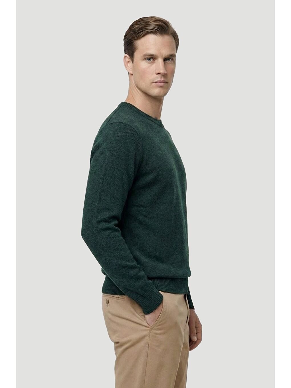 Yeşil Nefti Standart Fit Yün Karışımlı Bisiklet Yaka Düz Erkek Triko Kazak-2