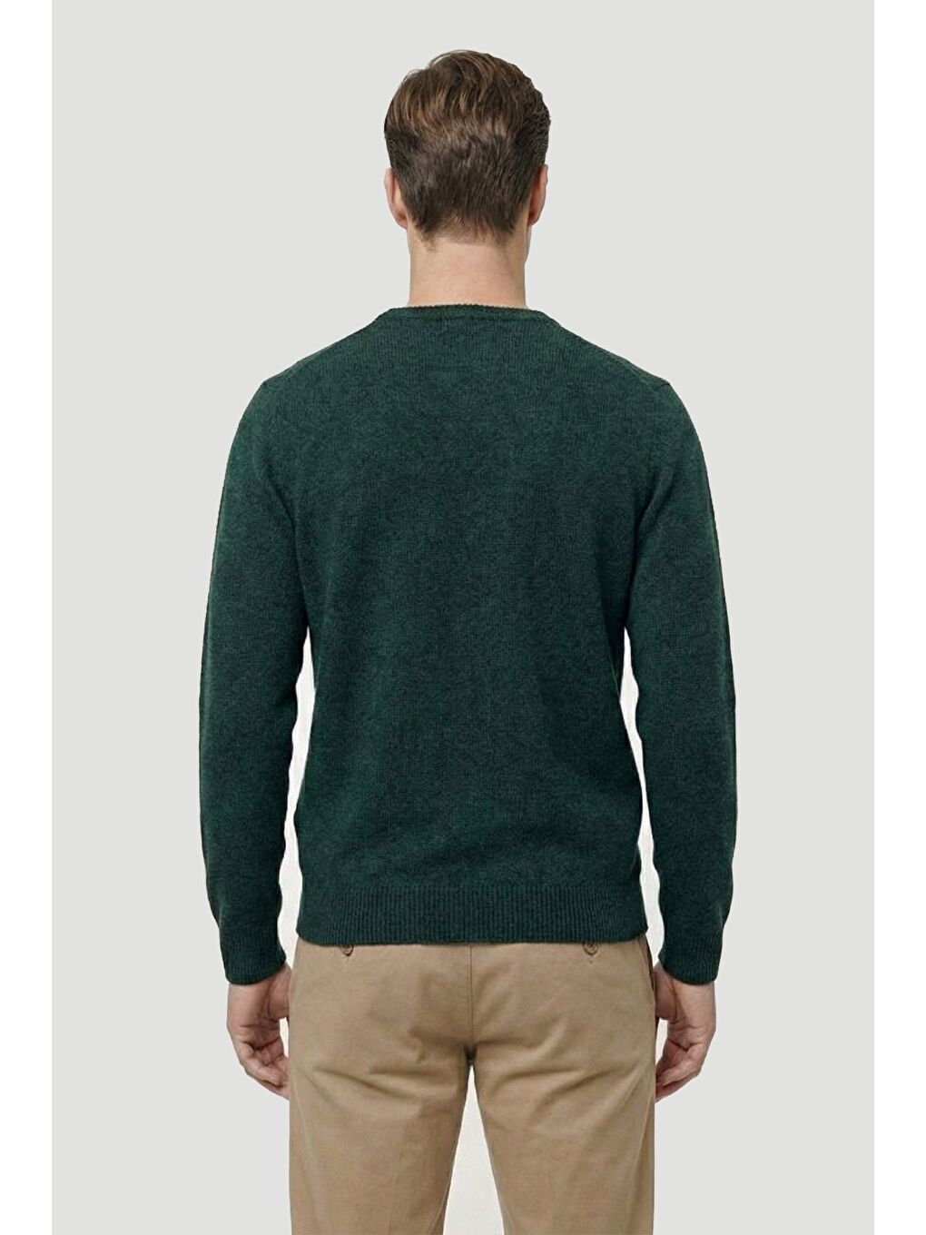 Yeşil Nefti Standart Fit Yün Karışımlı Bisiklet Yaka Düz Erkek Triko Kazak-3