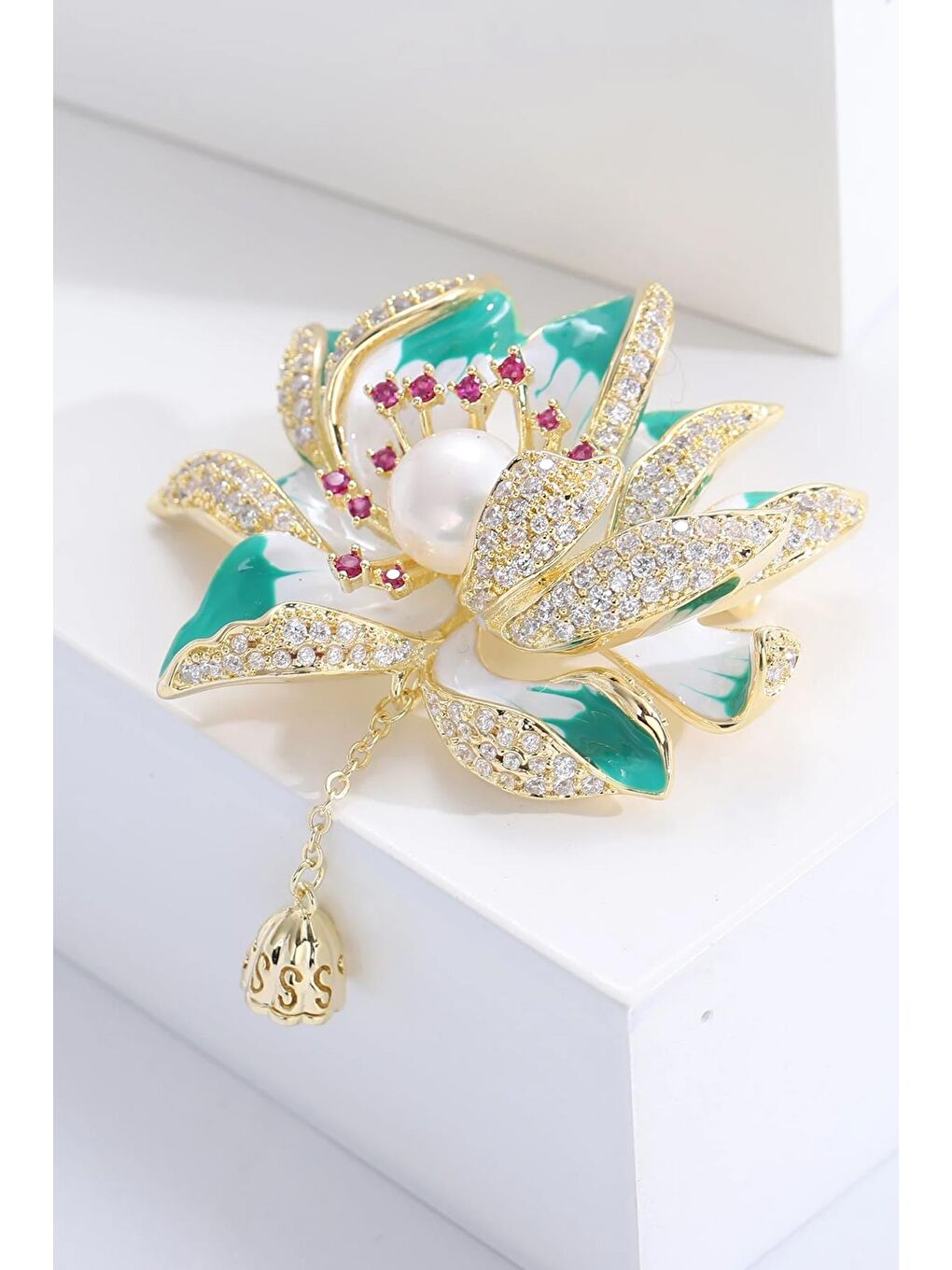 Sarı Zarif Taşlı ve Mineli Yaz Lotus Çiçeği Broş-2