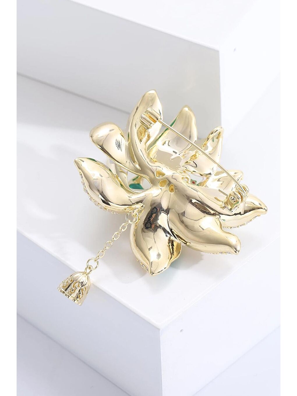 Sarı Zarif Taşlı ve Mineli Yaz Lotus Çiçeği Broş-6