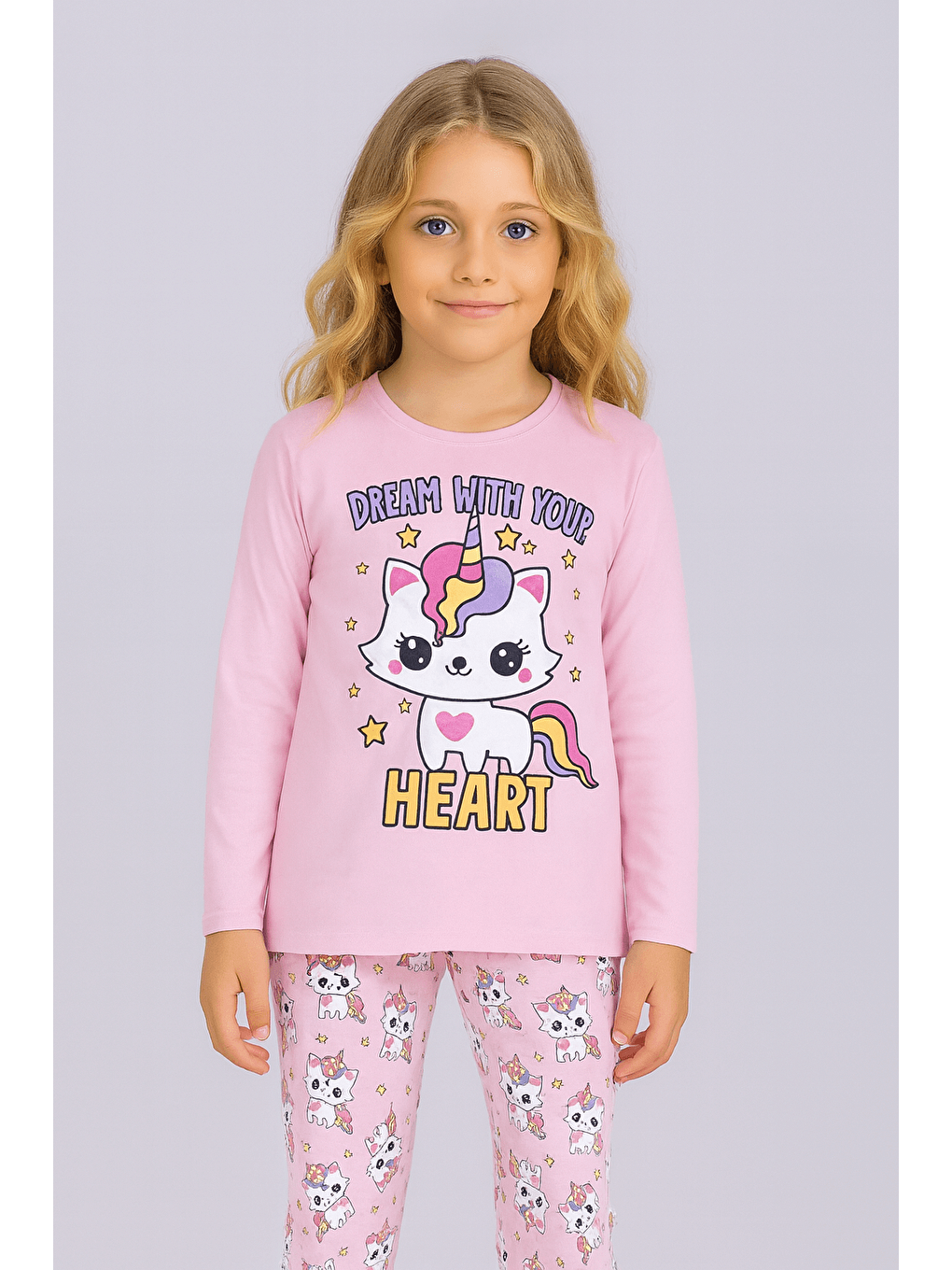 Pembe Kız Çocuk Uzun Kollu %100 Pamuklu Pijama Takımı Unicat