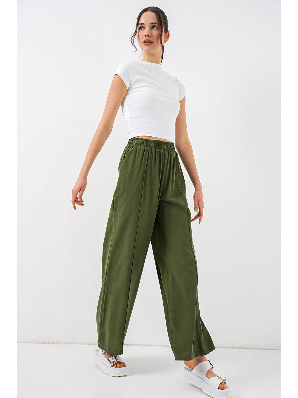 Kadın Beli Lastikli Bol Paça Pantolon 30087 - Haki