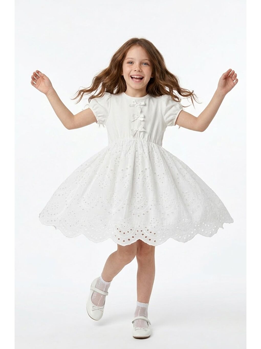 Beyaz Brode Detaylı Fiyonklu Kız Çocuk Elbise-1