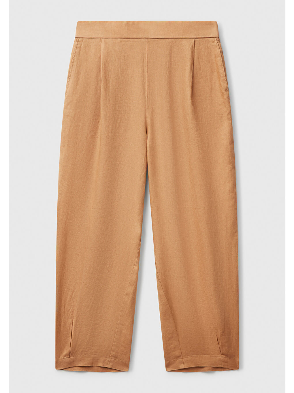 Kadın Bej %100 Keten Arka Beli Lastikli Paçası Dar Relax Fit Pantolon-1