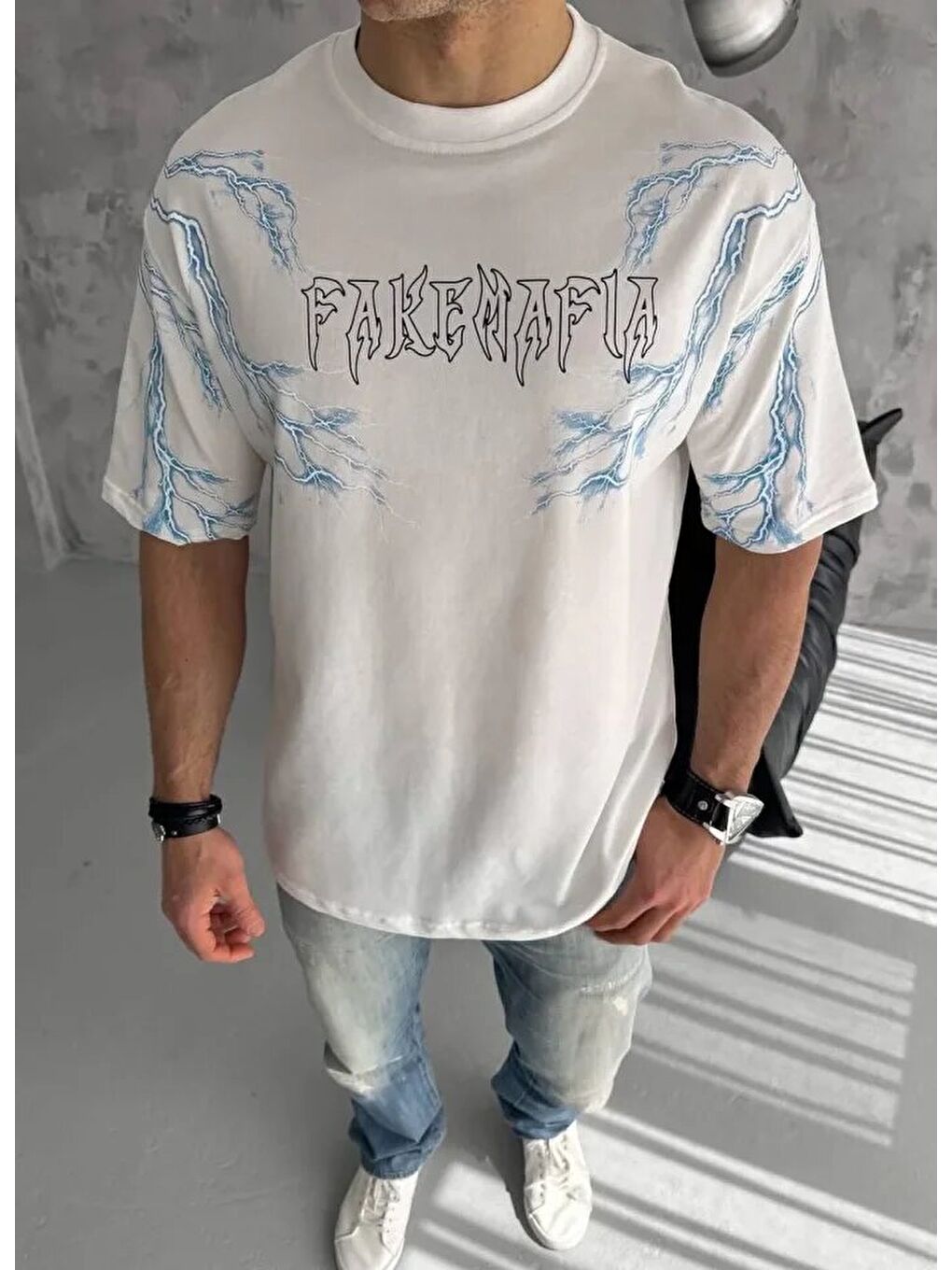 Unisex Bisiklet Yaka Baskılı Oversize T-Shirt - Beyaz