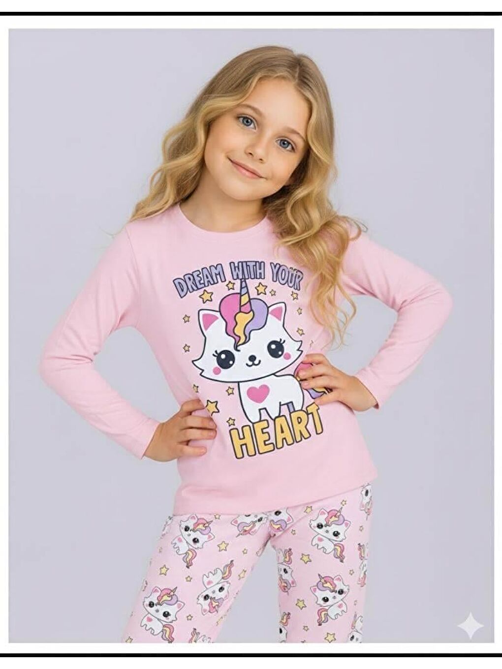 Pembe Kız Çocuk Uzun Kollu %100 Pamuklu Pijama Takımı Unicat-1