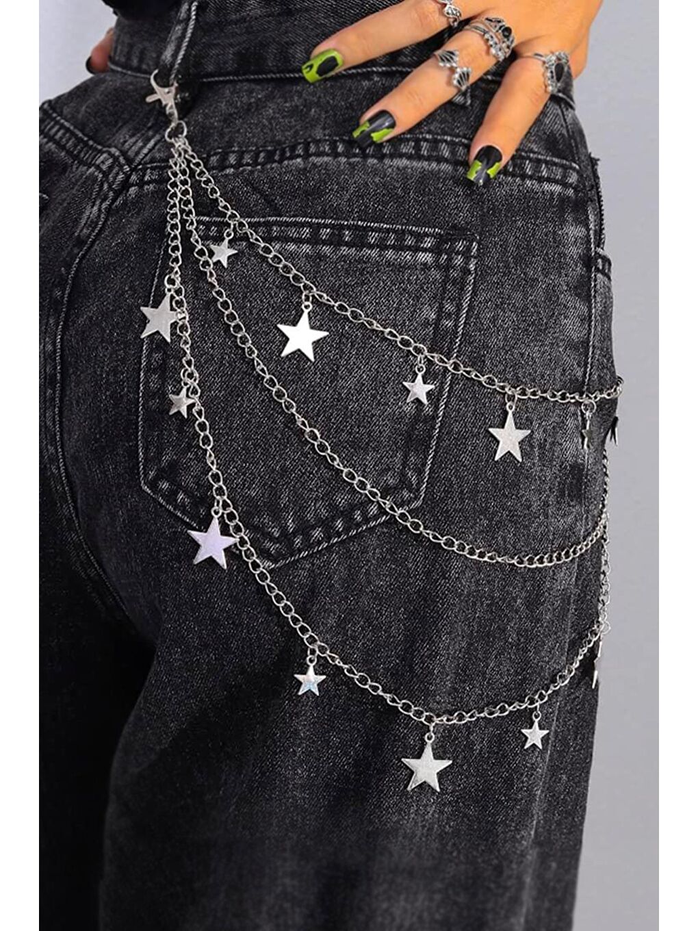 New Obsessions Gri Yıldız Detaylı Zincir Bel Pantalon Aksesuarı