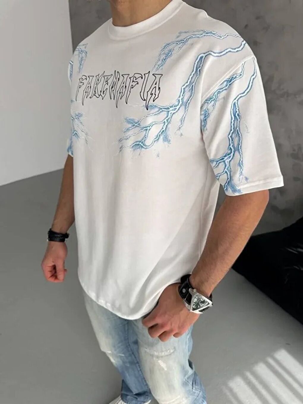 Unisex Bisiklet Yaka Baskılı Oversize T-Shirt - Beyaz-1