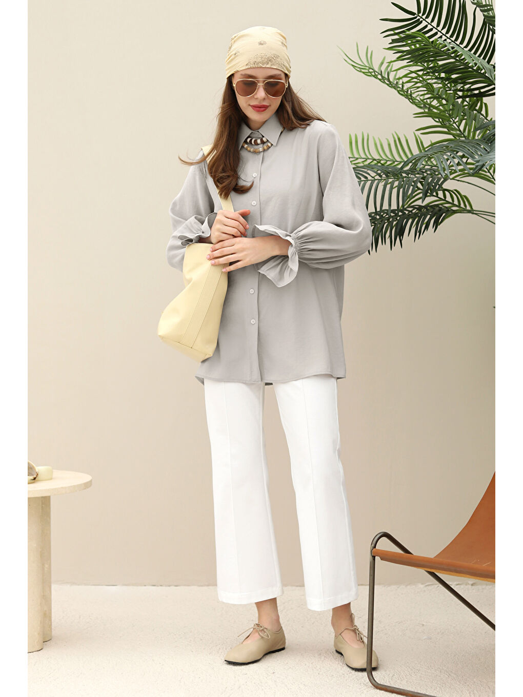 Kolu Gipeli Modal Gömlek Açık Gri-1