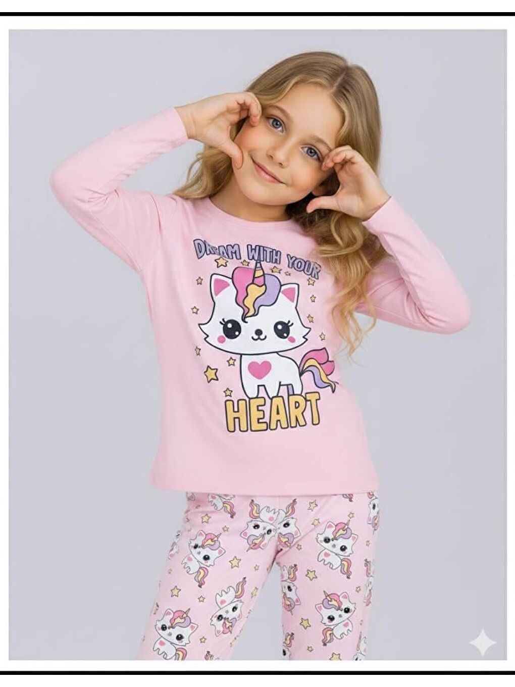 Pembe Kız Çocuk Uzun Kollu %100 Pamuklu Pijama Takımı Unicat-2