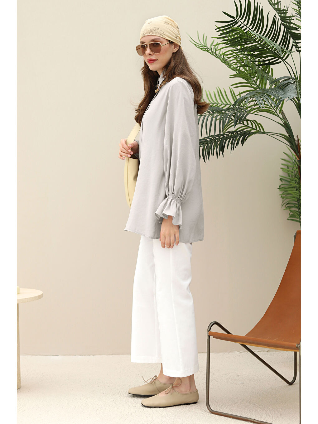 Kolu Gipeli Modal Gömlek Açık Gri-2