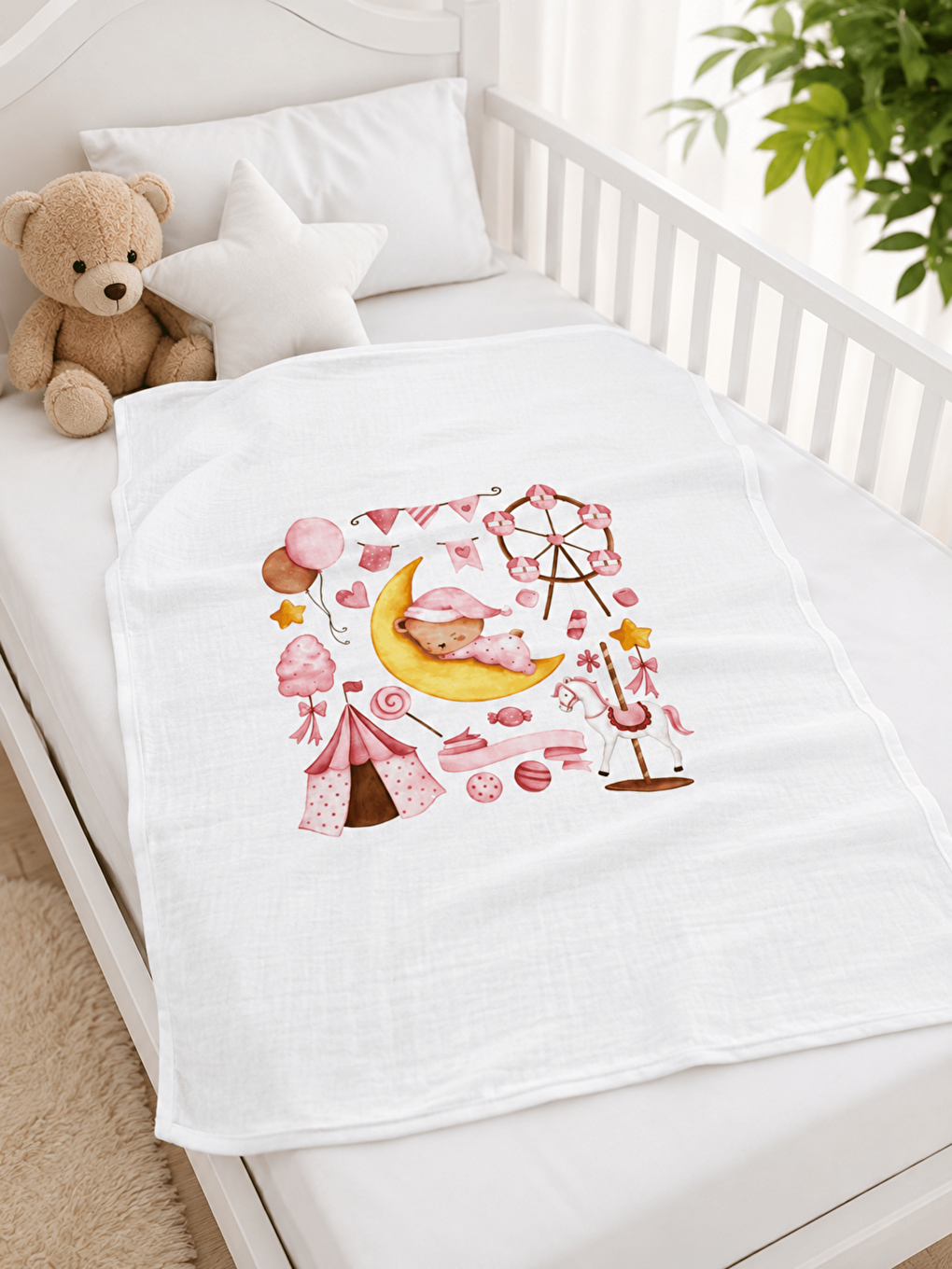 Pembe Pamuklu Müslin Çok Amaçlı Bebek Örtüsü 75x110 Cm-1