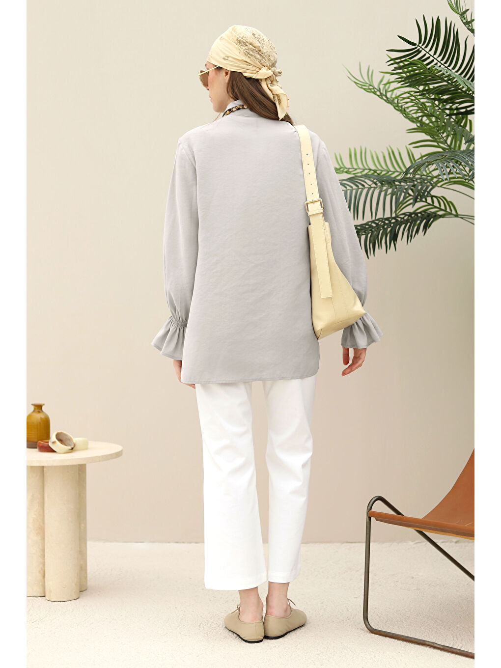 Kolu Gipeli Modal Gömlek Açık Gri-3