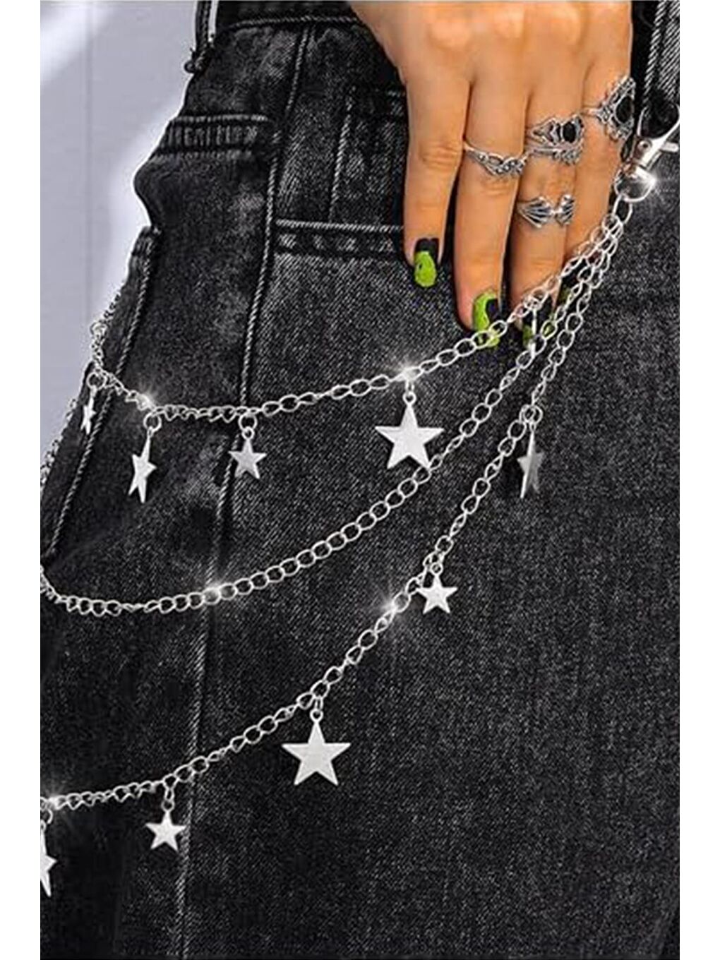 New Obsessions Gri Yıldız Detaylı Zincir Bel Pantalon Aksesuarı - 4