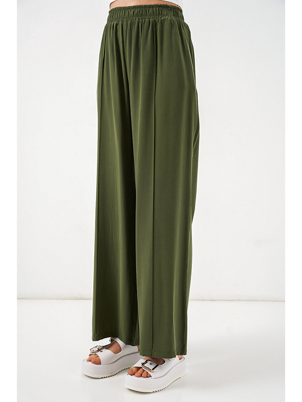 Kadın Beli Lastikli Bol Paça Pantolon 30087 - Haki-1