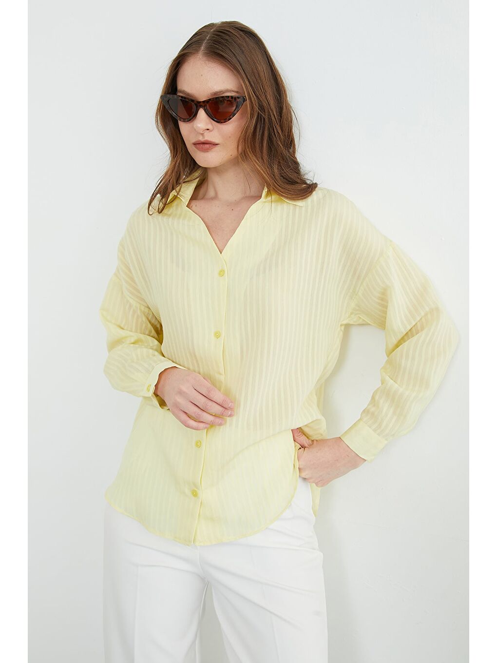 Sarı Çizgili Jakarlı Salaş Gömlek