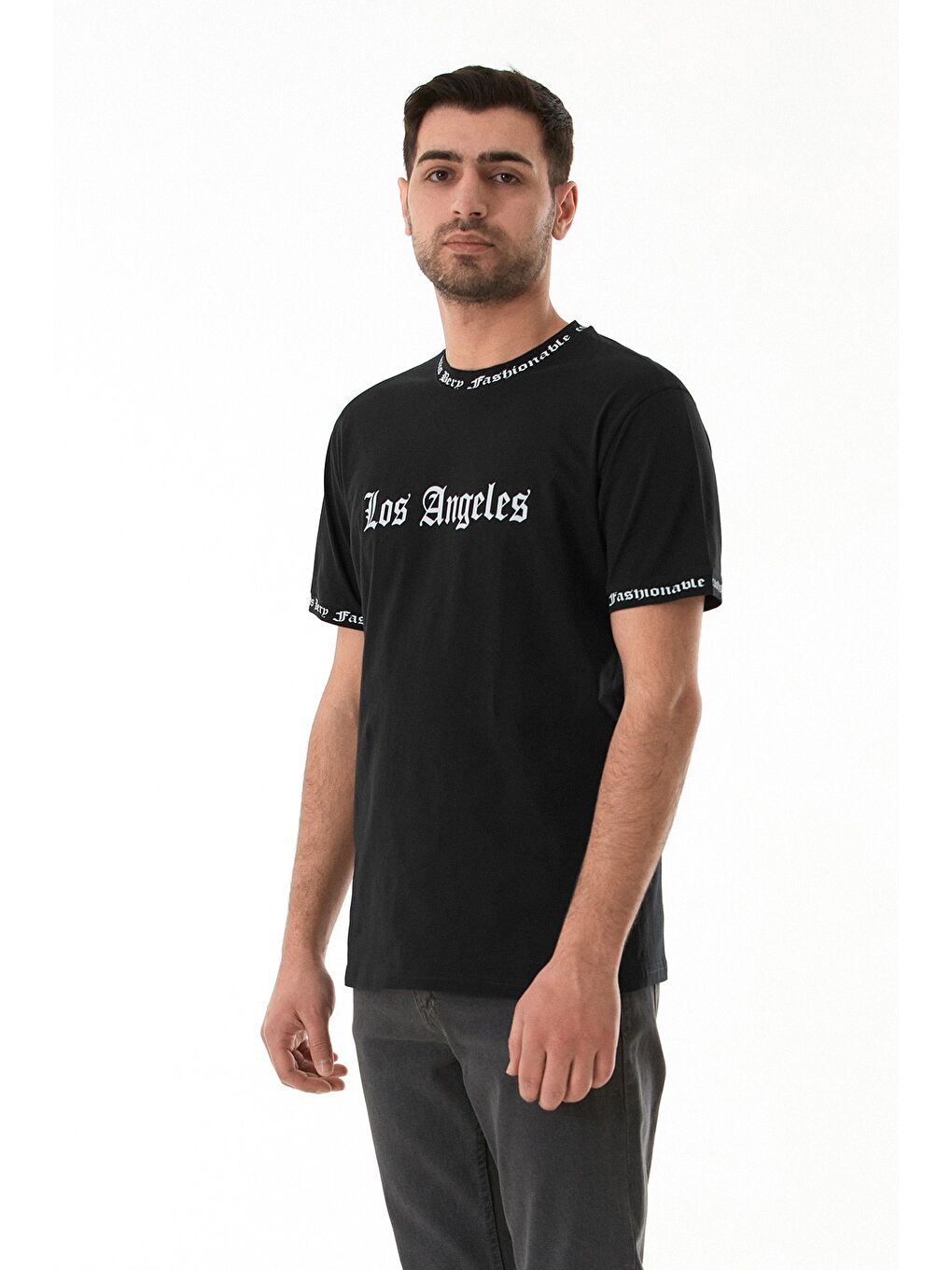 Siyah Los Angeles Baskılı Bisiklet Yaka Tişört-1