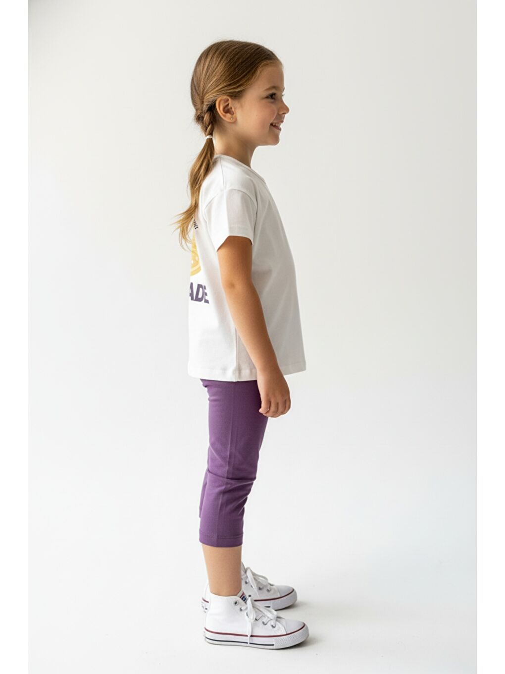 Ekru Kız Çocuk 2'li Kapri Tatylı Takım Bisiklet Yaka Kısa Kollu Baskılı Tişört - Beli Lastikli Kapri Tayt-2