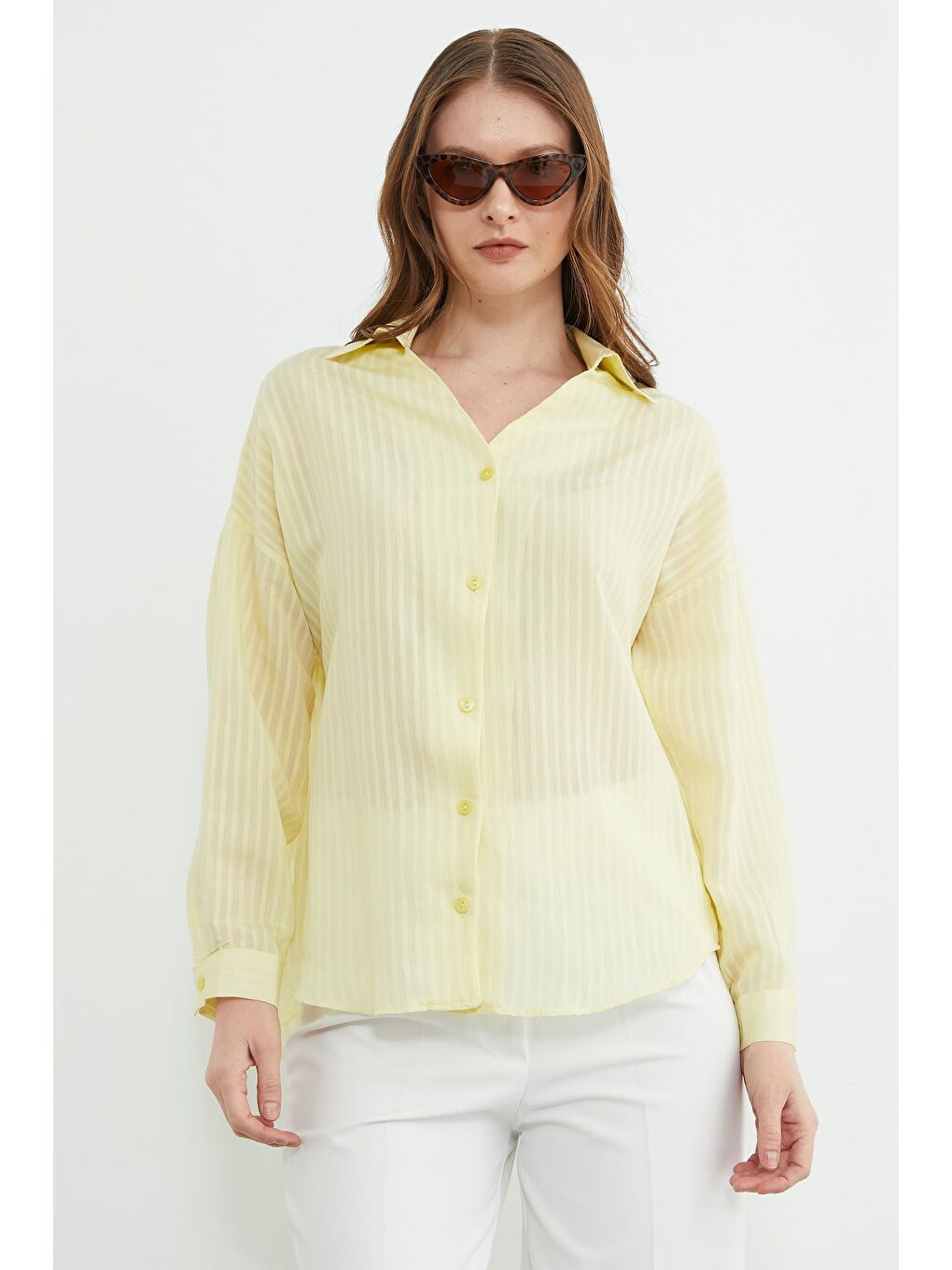 Sarı Çizgili Jakarlı Salaş Gömlek-1