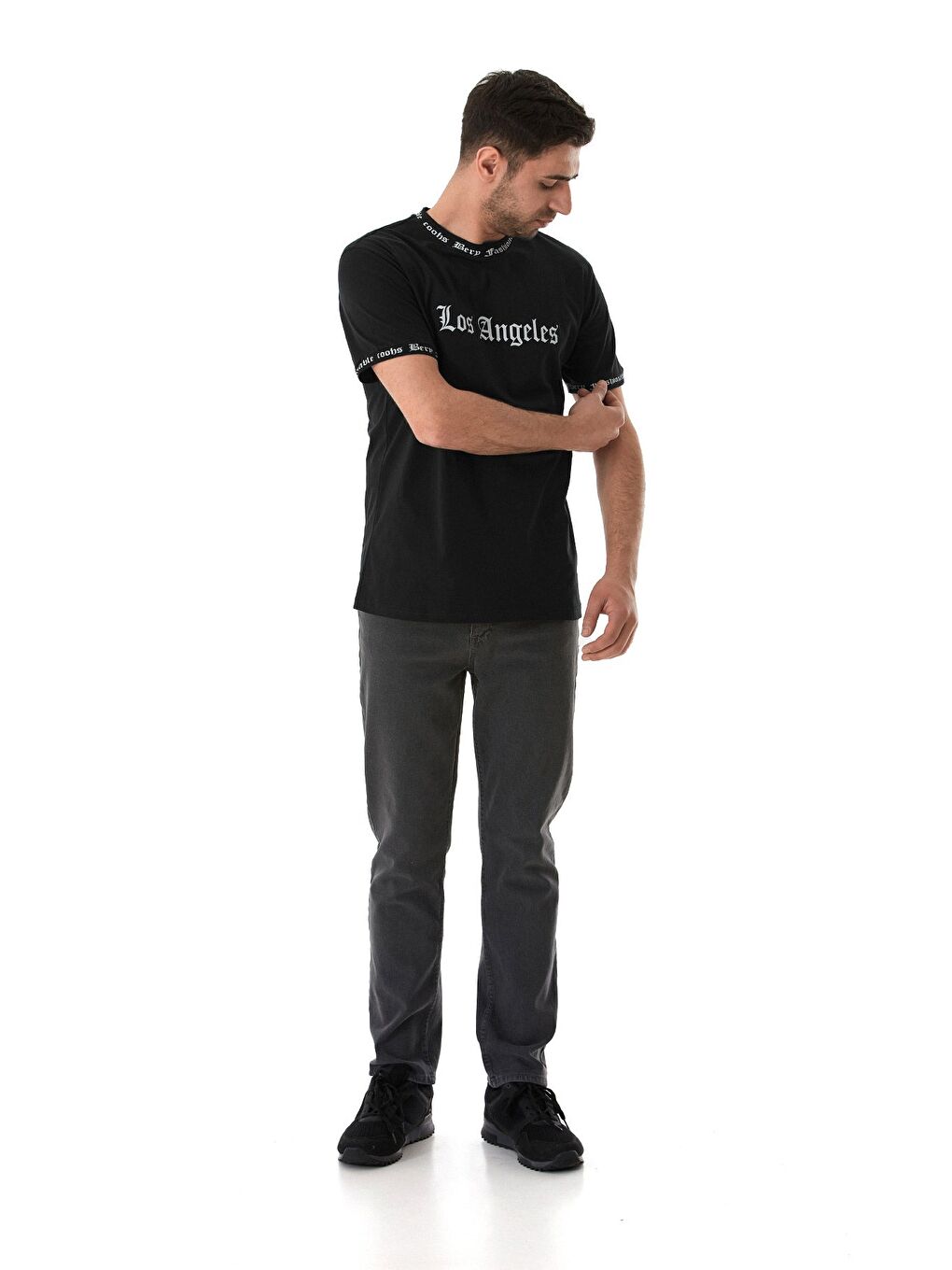 Siyah Los Angeles Baskılı Bisiklet Yaka Tişört-3
