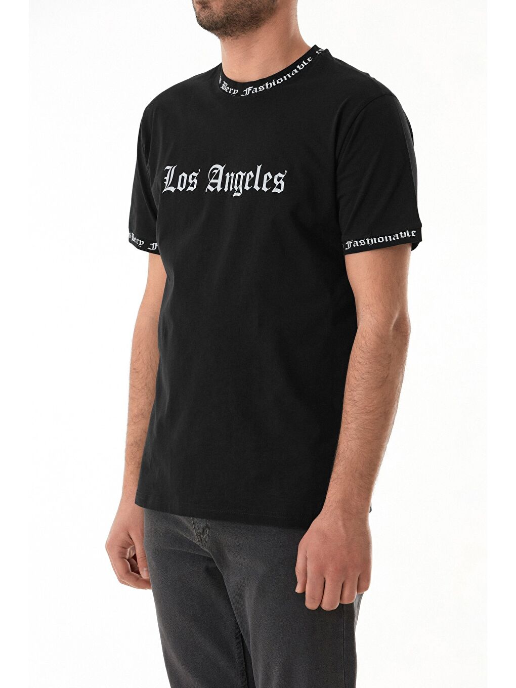 Siyah Los Angeles Baskılı Bisiklet Yaka Tişört-4